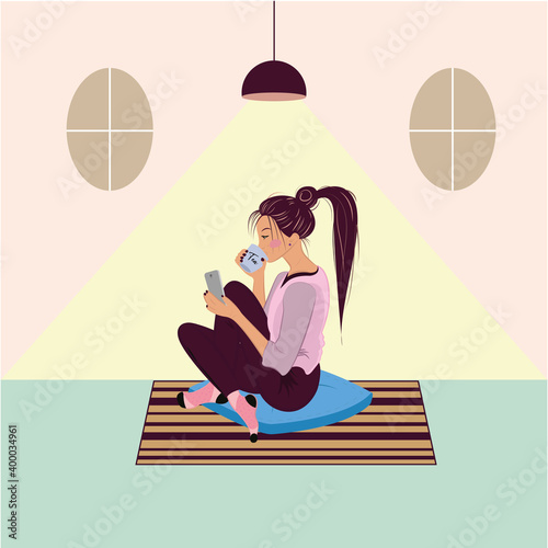 Hygge lifestyle. Girl drinking a coffee - Vector illustration