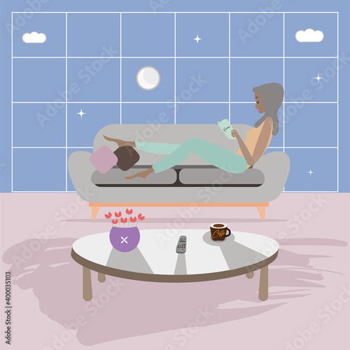 Hygge lifestyle. Girl reading a book - Vector illustration