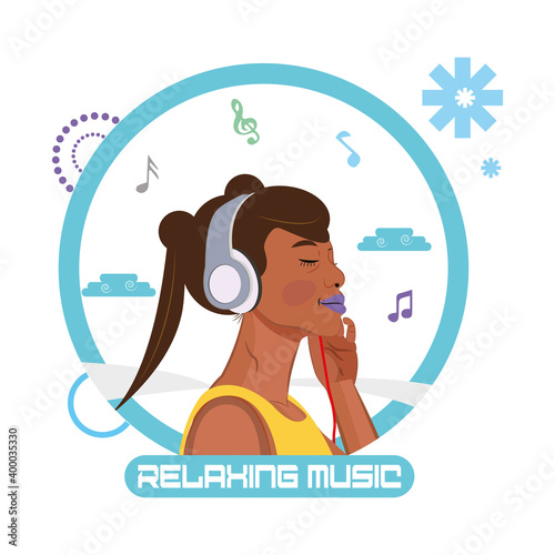Hygge lifestyle. Afro girl with headphones - Vector illustration