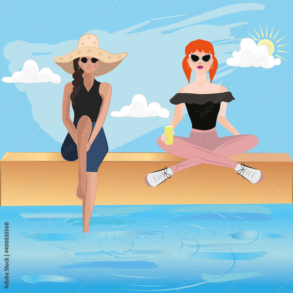 Hygge lifestyle. Girls on beach drinking soda - Vector illustration