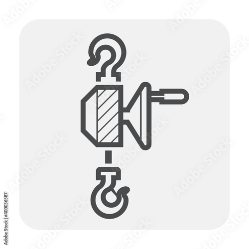 Manual chain hoist or steel chain block hoist vector icon. Lifting equipment include pulley, hook, lever, trolley, mechanical for factory, construction site, garage, workshop, warehouse and dock.