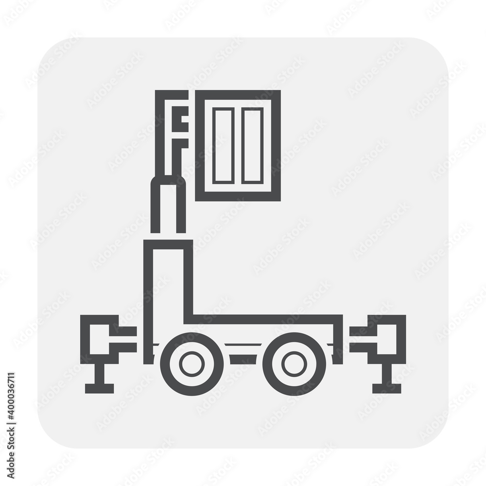 Elevating lift, vertical small man lift or personal lift vector icon. Aerial work platform or elevator with telescopic boom, bucket. For transport, maintenance, construction, service at height level. Elevating lift, vertical small man lift or personal lift vector icon. Aerial work platform or elevator with telescopic boom, bucket. For transport, maintenance, construction, service at height level.