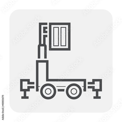 Elevating lift, vertical small man lift or personal lift vector icon. Aerial work platform or elevator with telescopic boom, bucket. For transport, maintenance, construction, service at height level.