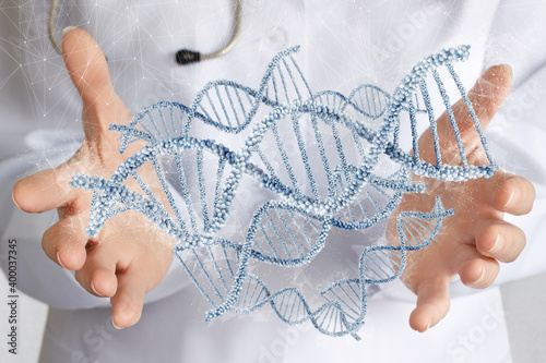 Doctor hands show DNA molecules .