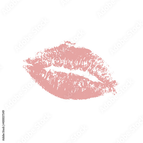 Beautiful realistic pink lips kiss isolated on white background. Lipstick vector mark.