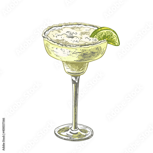 Alcohol classics cocktail margarita glass. Vector vintage hatching