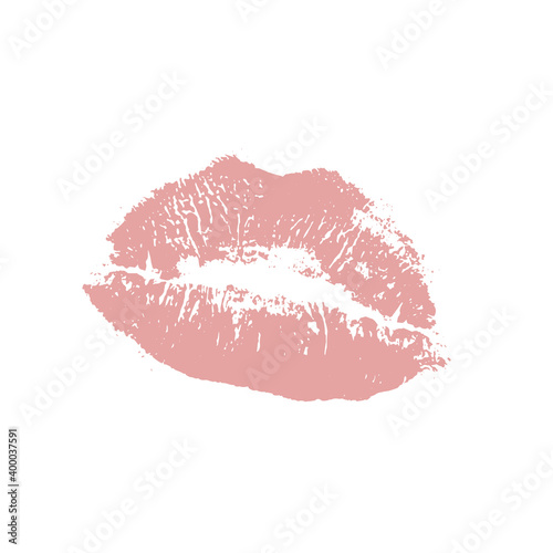 Beautiful realistic pink lips kiss isolated on white background. Lipstick vector mark.
