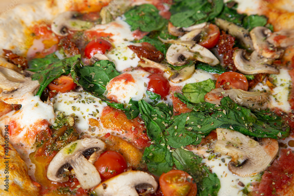 Close up of a vegetable pizza. Italian cuisine Close up of a vegetable pizza. Italian cuisine