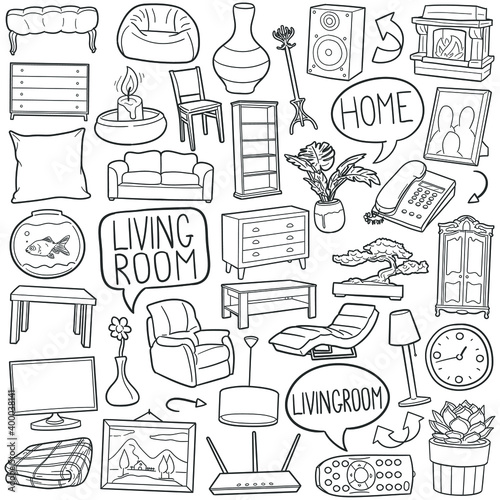 Living Room doodle icon set. Home Vector illustration collection. House Hand drawn Line art style.