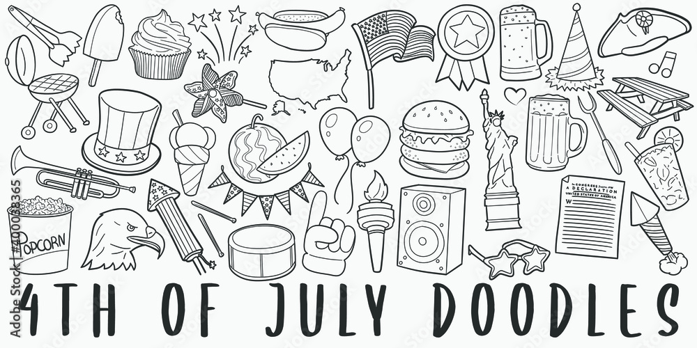 4th July, doodle icon set. USA Style Vector illustration collection. America Banner Hand drawn Line art style.