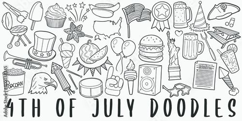 4th July, doodle icon set. USA Style Vector illustration collection. America Banner Hand drawn Line art style.