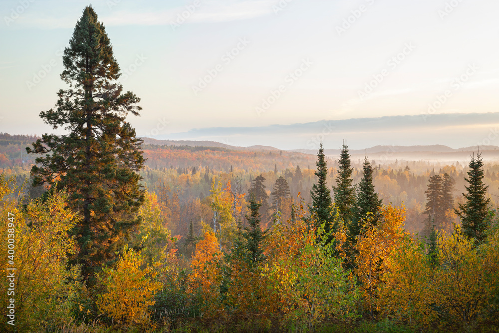Early morning view of a valley in the Sawtooth Mountains of northern Minnesota during autumn