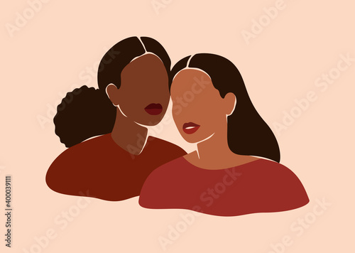 Two beautiful black women stand together. Strong African American girls side by side. Sisterhood and females friendship. Vector illustration for International Women's day