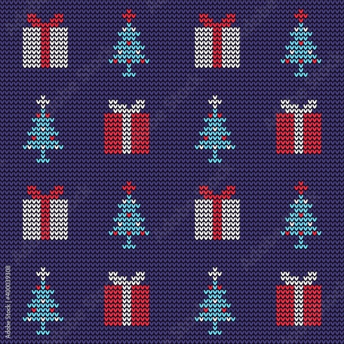 Christmas knit pattern with gifts. Knitted ornament with Christmas tree. Vector illustration.
