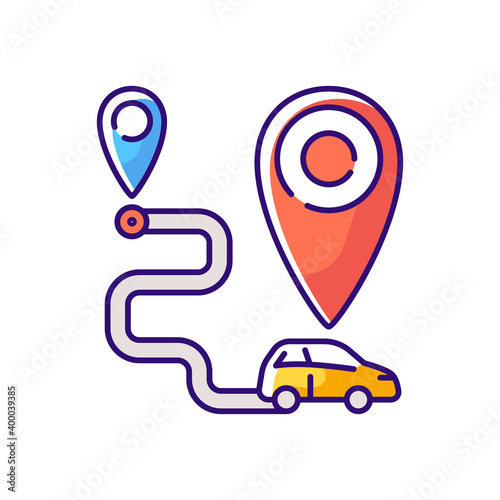 One way carsharing RGB color icon. Type of carsharing that enables users to begin and end their trip at different locations. Isolated vector illustration