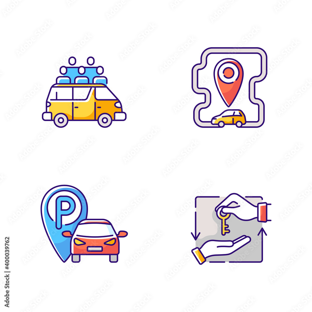 Fototapeta premium Car sharing and rental service RGB color icons set. Share taxi services for many people. Roundtrip carsharing facility. Isolated vector illustrations