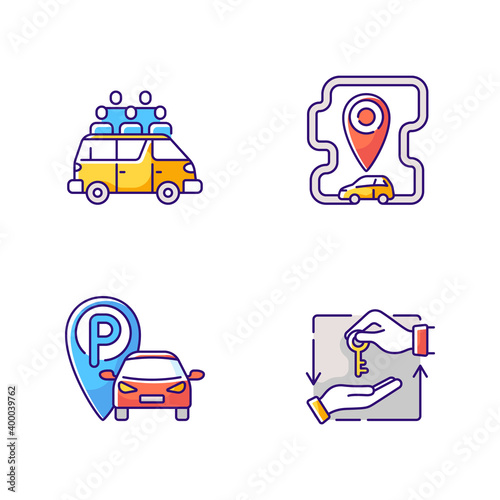 Car sharing and rental service RGB color icons set. Share taxi services for many people. Roundtrip carsharing facility. Isolated vector illustrations