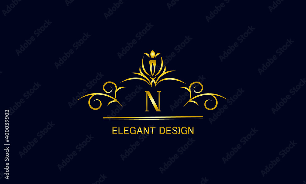 Golden monogram on a black background with the letter N. Graceful logo with the initial. Universal emblem, symbol of restaurant, business, greeting cards, invitations. Golden monogram on a black background with the letter N. Graceful logo with the initial. Universal emblem, symbol of restaurant, business, greeting cards, invitations.