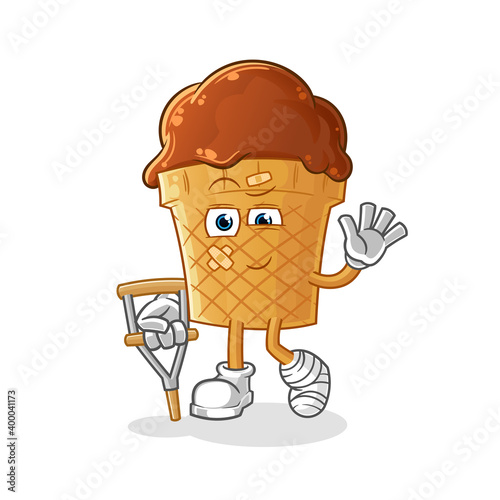 chocolate ice cream sick with limping stick character. cartoon mascot vector