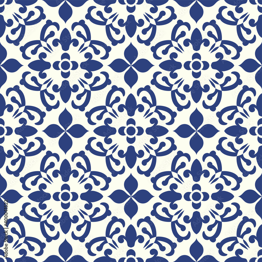 Vector ornamental seamless pattern in old ceramic azulejo style. Traditional oriental texture