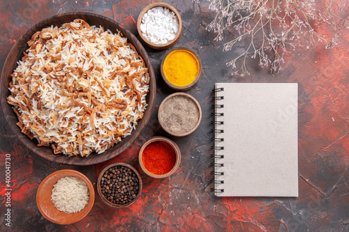 top view cooked rice with seasonings on dark floor meal photo dish food dark