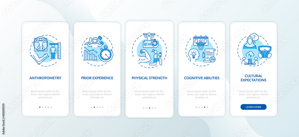 Human factors in ergonomics onboarding mobile app page screen with concepts. prior experience, brain abilities walkthrough 5 steps graphic instructions. UI vector template with RGB color illustrations