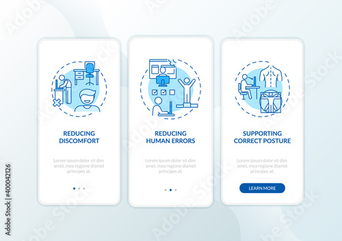 Ergonomic design benefits onboarding mobile app page screen with concepts. Reducing problems, human failures walkthrough 3 steps graphic instructions. UI vector template with RGB color illustrations