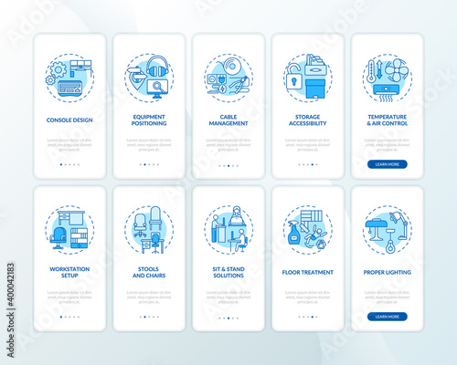 Safe, healthful workplace for workers onboarding mobile app page screen with concepts set. Workstation design walkthrough 5 steps graphic instructions. UI vector template with RGB color illustrations