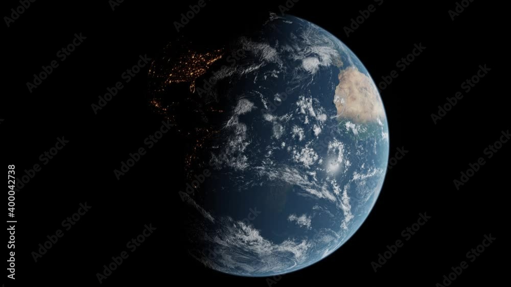 Full sized Realistic CGI Spinning Planet Earth Animation with Night Landscapes. Seamless Loop