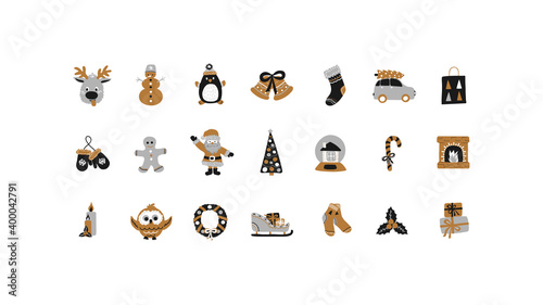 Fototapeta Naklejka Na Ścianę i Meble -  Merry Christmas and Happy New Year set of holiday elements in hand drawn style - gold, black, silver. Vector illustration isolated- clip-art collection of cute characters and symbols