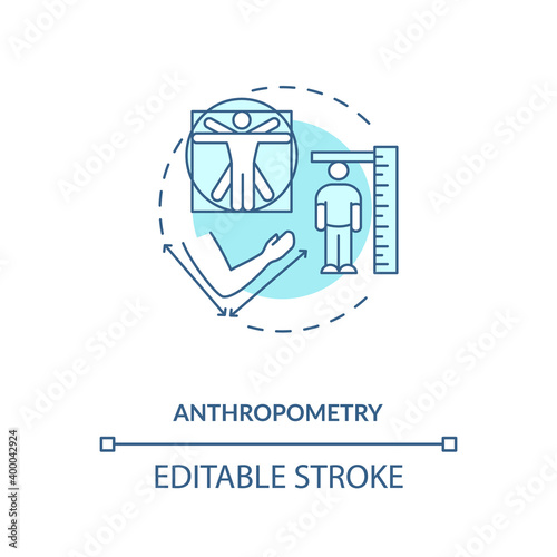Anthropometry concept icon. Human factor in ergonomics idea thin line illustration. Physical properties. Setting up workstation. Vector isolated outline RGB color drawing. Editable stroke