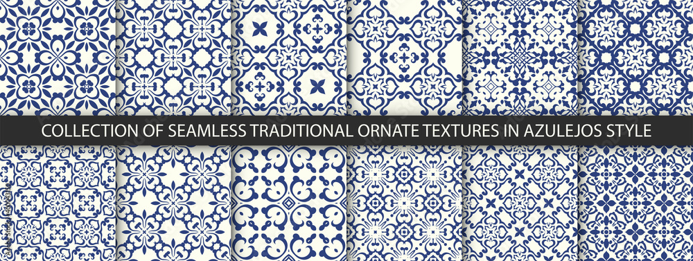 Set of Indigo blue flower azulejos lisbon patterns. Floor tile oriental spain collection seamless textures. Portugal geometric ceramics. Vector arabesque Textures