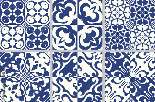 Set of Indigo blue flower azulejos lisbon patterns. Floor tile oriental spain collection seamless textures. Portugal geometric ceramics. Vector arabesque Textures