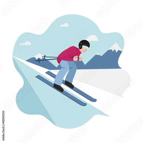 Banner of winter sport - mountain skiing, a man on skis rushes down the slope. Man on the background of silhouettes of mountains. Vector illustrations in flat style - pink, blue, white colors