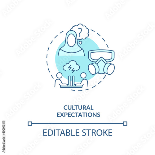 Cultural expectations concept icon. Human factor in ergonomics idea thin line illustration. Multilingual workforce. Cultural diversity. Vector isolated outline RGB color drawing. Editable stroke