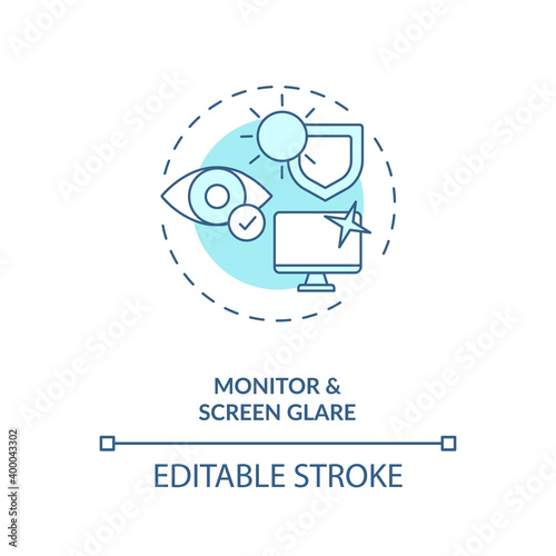 Monitor and screen glare concept icon. Office ergonomics tip idea thin line illustration. Supplemental desk lighting. Viewing distance. Vector isolated outline RGB color drawing. Editable stroke