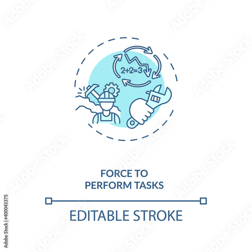 Force to perform tasks concept icon. Ergonomic stressor idea thin line illustration. Reducing worker fatigue. Overloading muscles, tendons. Vector isolated outline RGB color drawing. Editable stroke