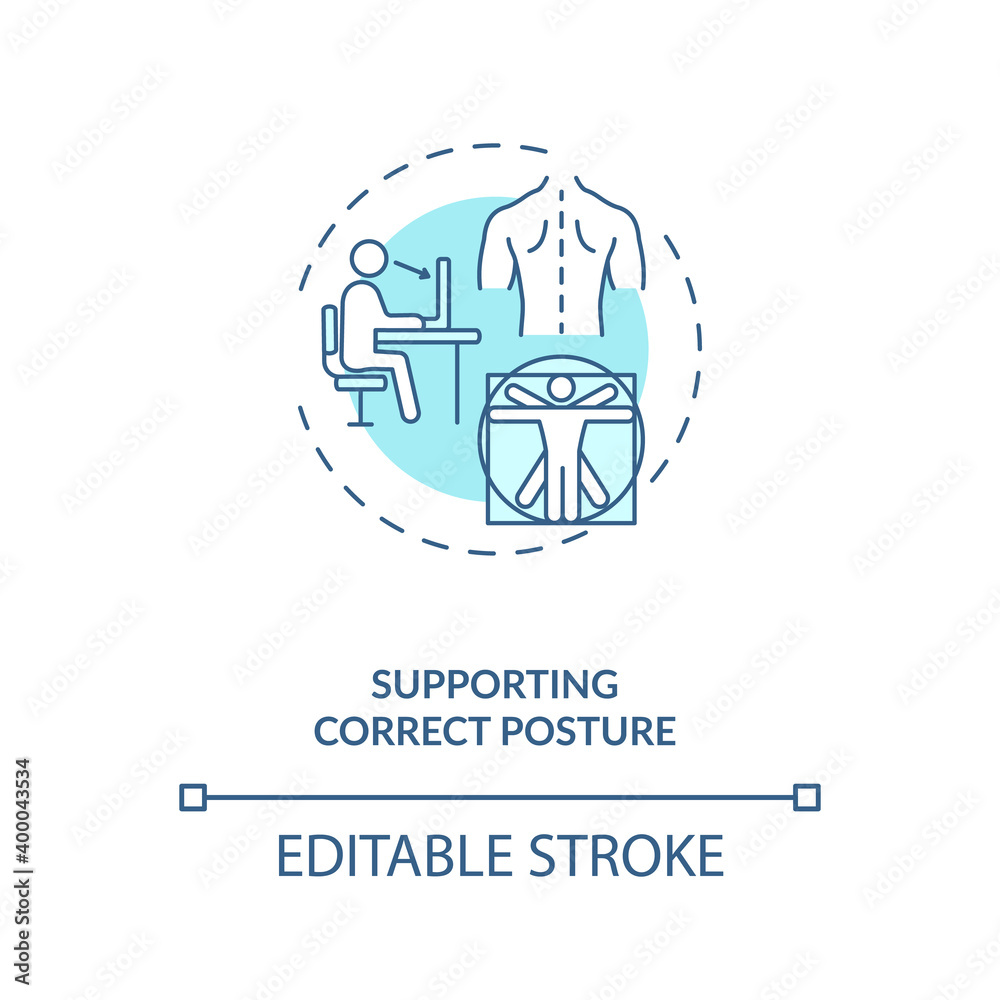 Supporting correct posture concept icon. Ergonomic design benefit idea thin line illustration. Monitor at eye level. Slouching prevention. Vector isolated outline RGB color drawing. Editable stroke