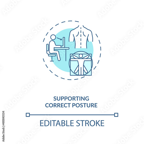 Supporting correct posture concept icon. Ergonomic design benefit idea thin line illustration. Monitor at eye level. Slouching prevention. Vector isolated outline RGB color drawing. Editable stroke