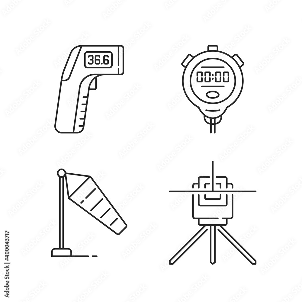 Measuring tools linear icons set. Infrared thermometer. Handheld timepiece. Windsock. Laser line level. Customizable thin line contour symbols. Isolated vector outline illustrations. Editable stroke