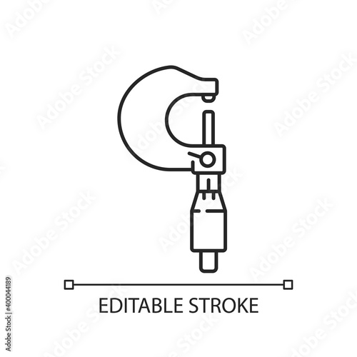 Micrometer linear icon. Object length and dept. Accurate measurements for engineering purposes. Thin line customizable illustration. Contour symbol. Vector isolated outline drawing. Editable stroke