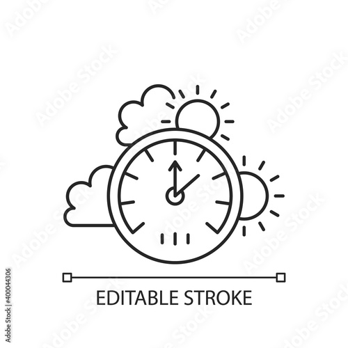 Barometer linear icon. Measuring air pressure in certain environment. Meteorological instrument. Thin line customizable illustration. Contour symbol. Vector isolated outline drawing. Editable stroke
