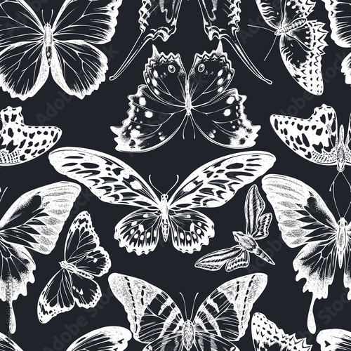 Seamless pattern with hand drawn chalk giant swordtail, lemon butterfly, red lacewing, african giant swallowtail, white-banded hunter hawkmoth, forest mother-of-pearl, plain tiger