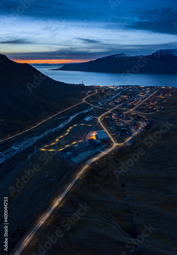 A night in Longyearbyen from above, Svalbard, Norway