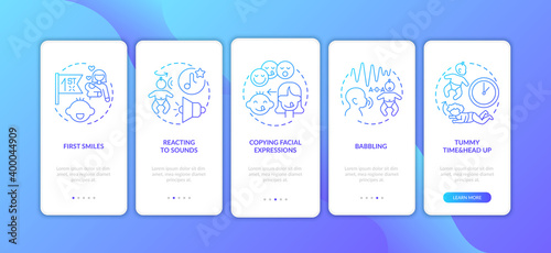 Baby early sensory development dark blue onboarding mobile app page screen with concepts. Toddler ability walkthrough 5 steps graphic instructions. UI vector template with RGB color illustrations