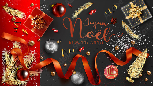 carte ou bandeau sur Joyeux Noël et Bonne Année en rouge sur un fond noir et rouge avec autour, sapin, branche de sapins, ruban, cadeau, boule de Noël, serpentin de couleur rouge, or et noir