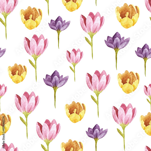 Watercolor seamless pattern Multicolored crocuses. Floral elements for design  decoration
