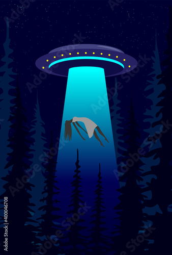 UFO abducts a girl. Alien spaceship in the night starry sky. Vector illustration. Suitable for posters, web.