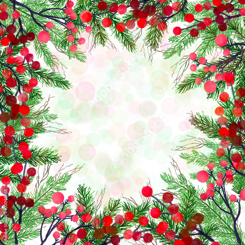 Bright Christmas frame made of fir branches and lots of red berries. Watercolor drawing.