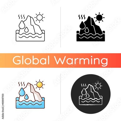 Melting glaciers icon. World ocean level rising process. Iceberg diseapiring problem. People damaging climate. Linear black and RGB color styles. Isolated vector illustrations
